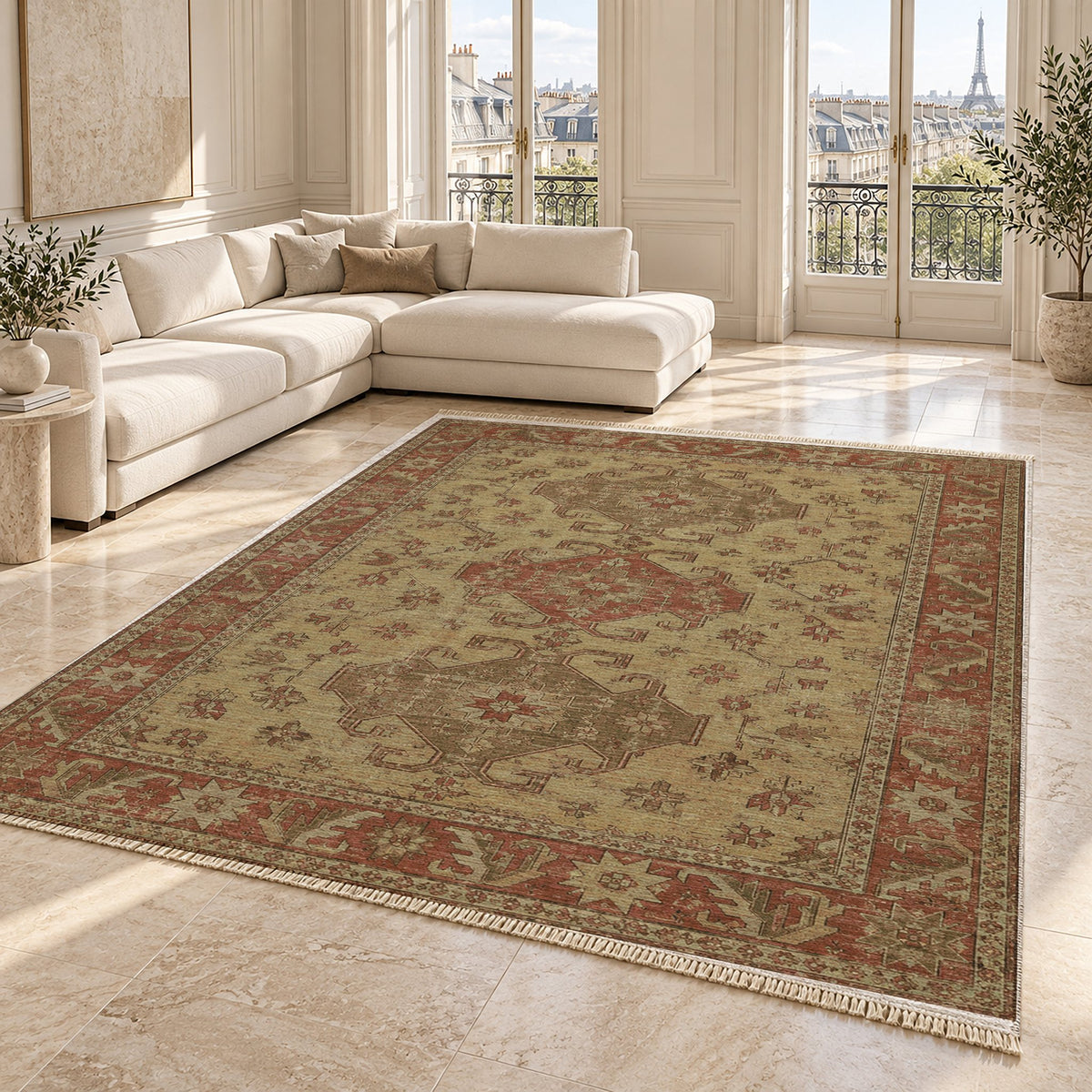 Hooked Shield Clay & Sage washable rug angled room view on marble