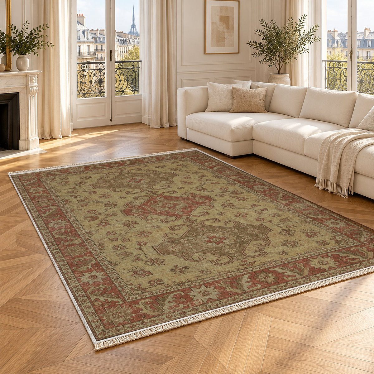 Hooked Shield Clay & Sage washable rug angled room view