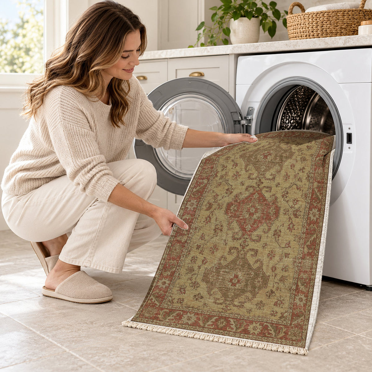Hooked Shield Clay & Sage washable rug being loaded into a washing machine