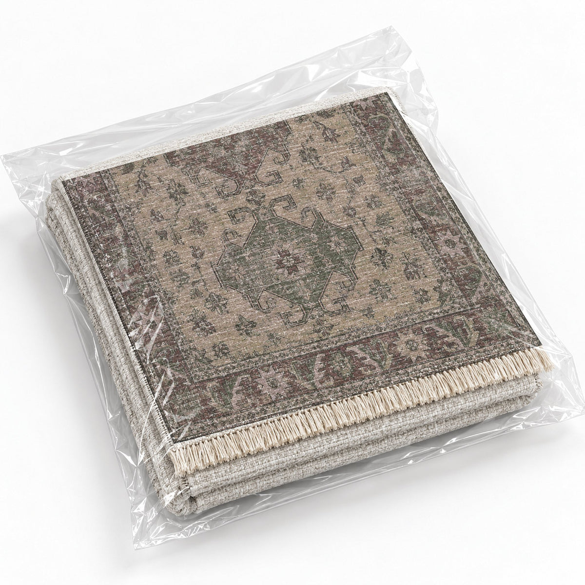 Hooked Shield Graphite & Linen washable rug rolled and packaged
