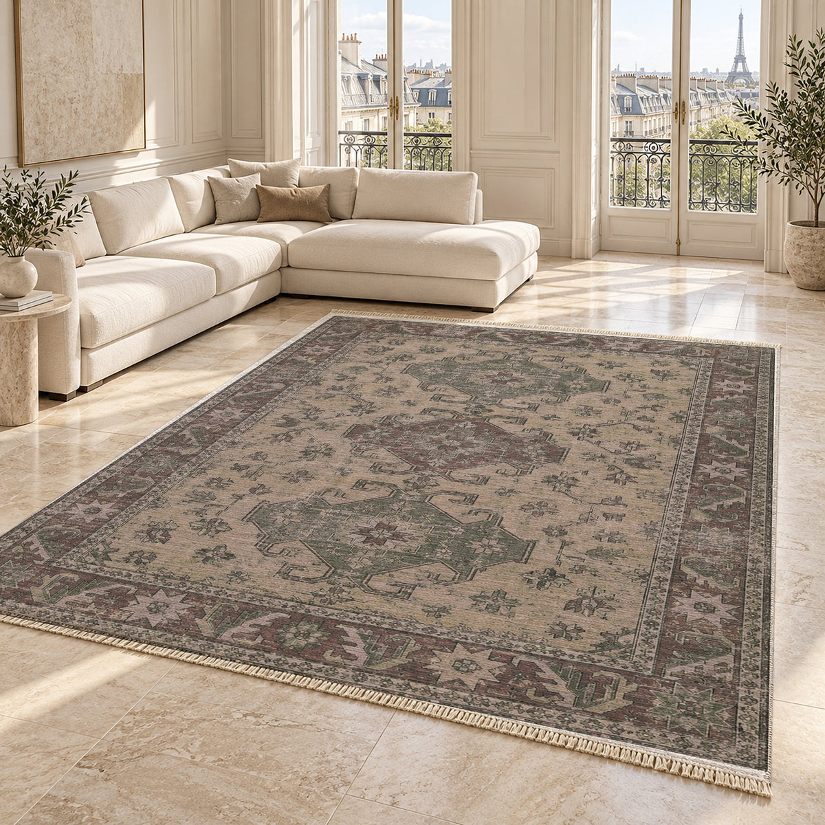 Hooked Shield Graphite & Linen washable rug angled room view on marble