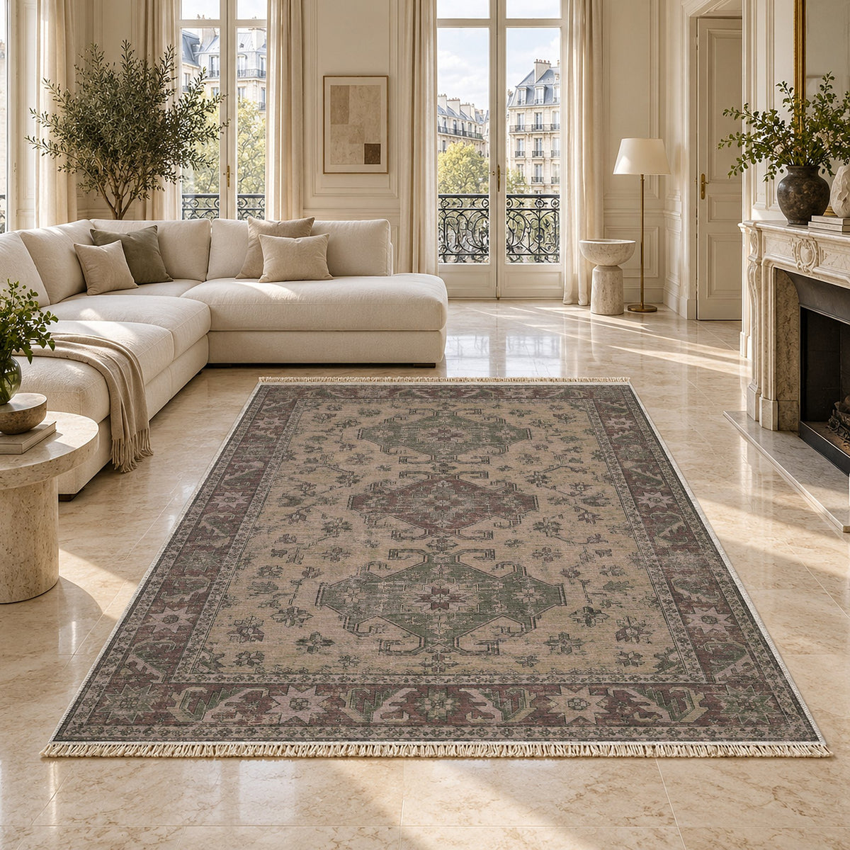 Hooked Shield Graphite & Linen washable rug on a marble floor