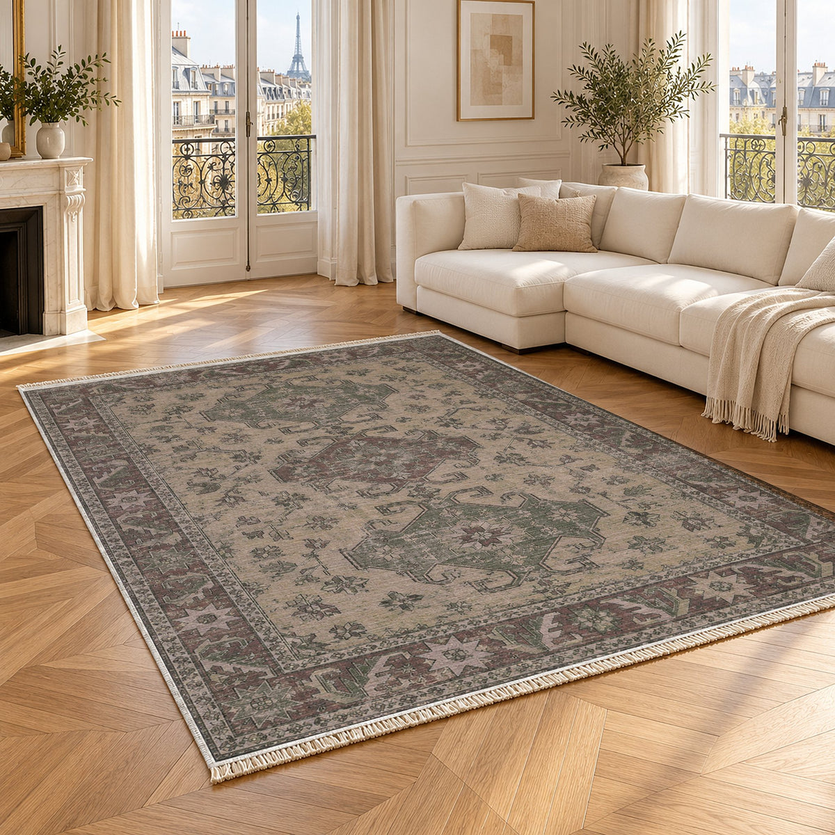 Hooked Shield Graphite & Linen washable rug angled room view
