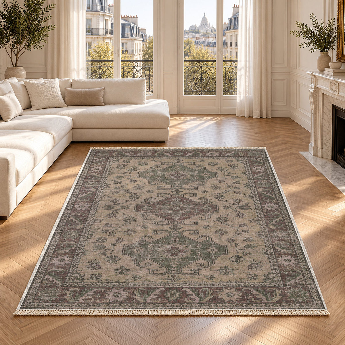 Hooked Shield Graphite & Linen washable rug in a Paris living room