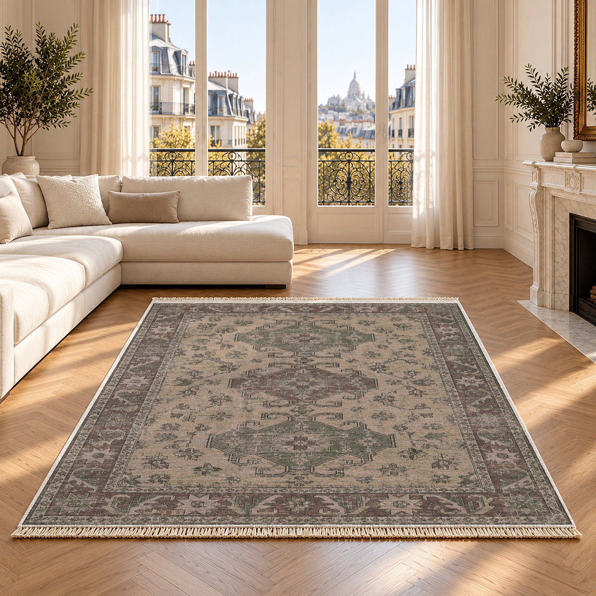 Hooked Shield Graphite & Linen washable rug on an oak floor