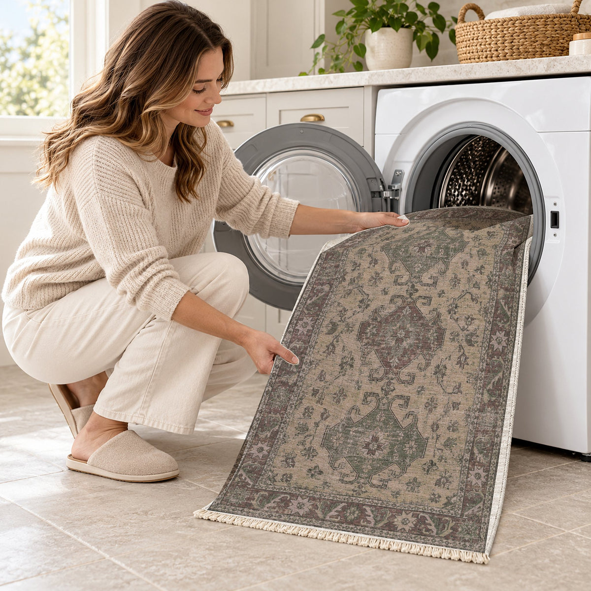 Hooked Shield Graphite & Linen washable rug being loaded into a washing machine