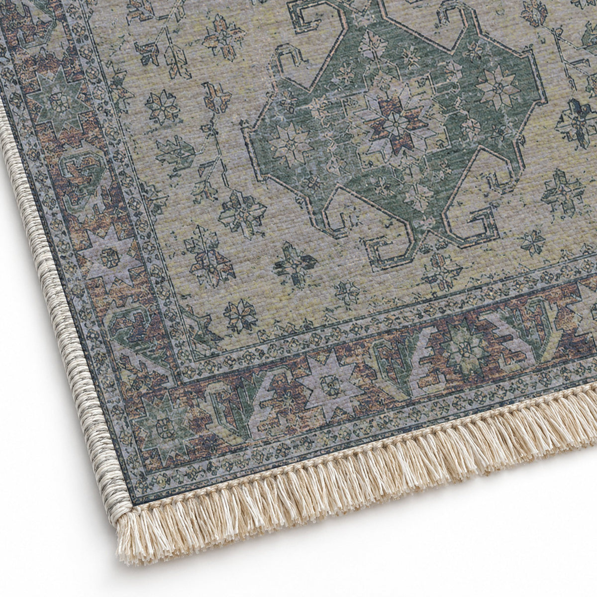 Hooked Shield Mineral Blue washable rug close-up of the printed chenille
