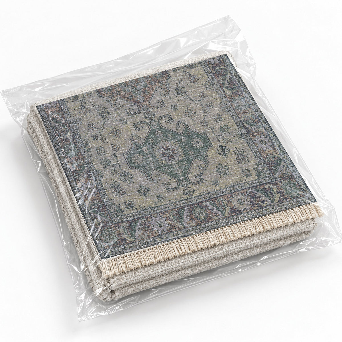Hooked Shield Mineral Blue washable rug rolled and packaged