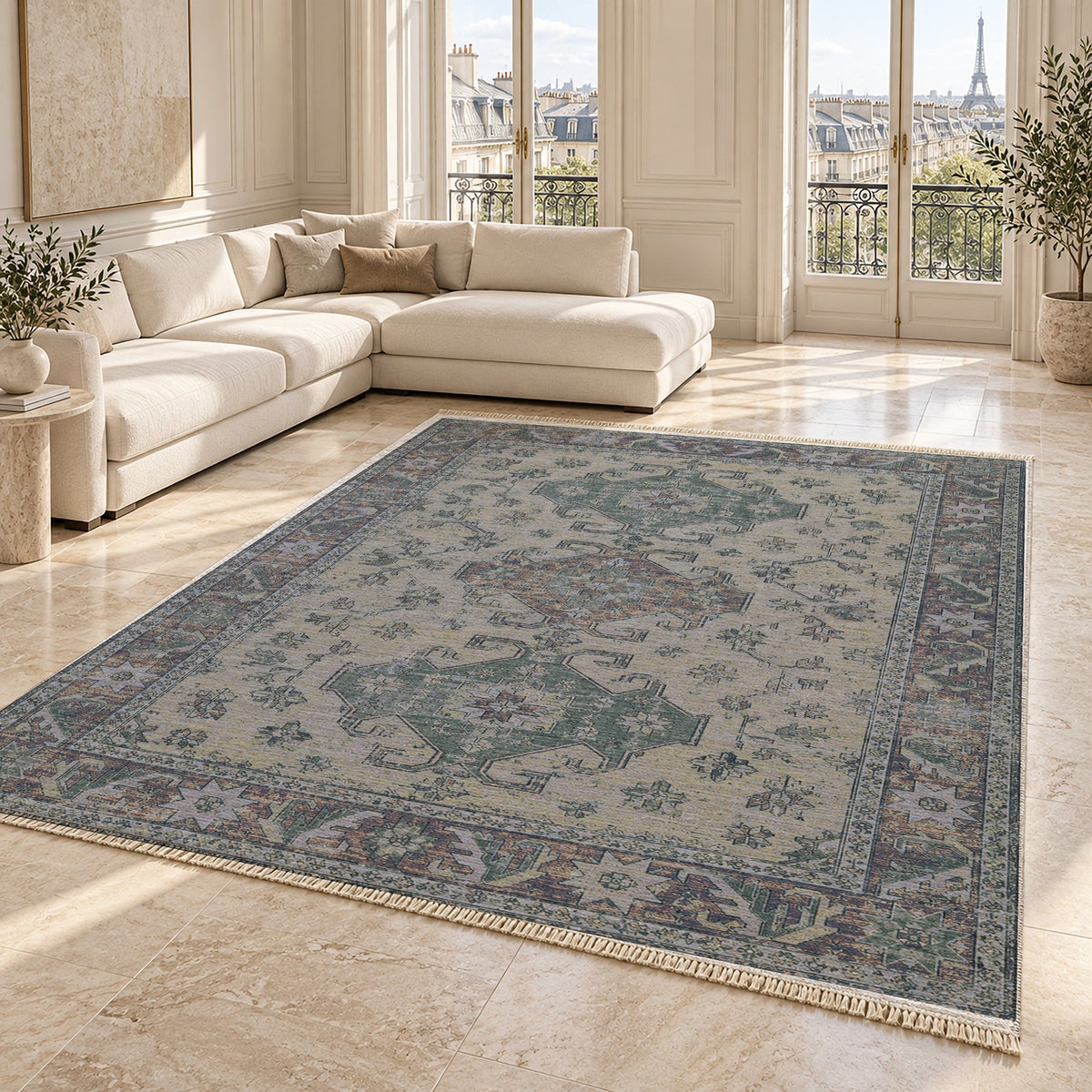 Hooked Shield Mineral Blue washable rug angled room view on marble