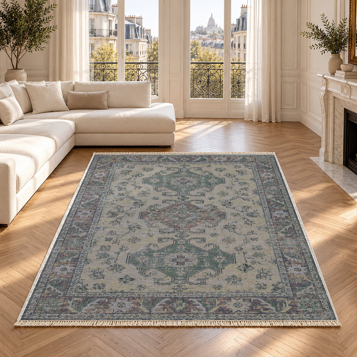 Hooked Shield Mineral Blue washable rug in a Paris living room