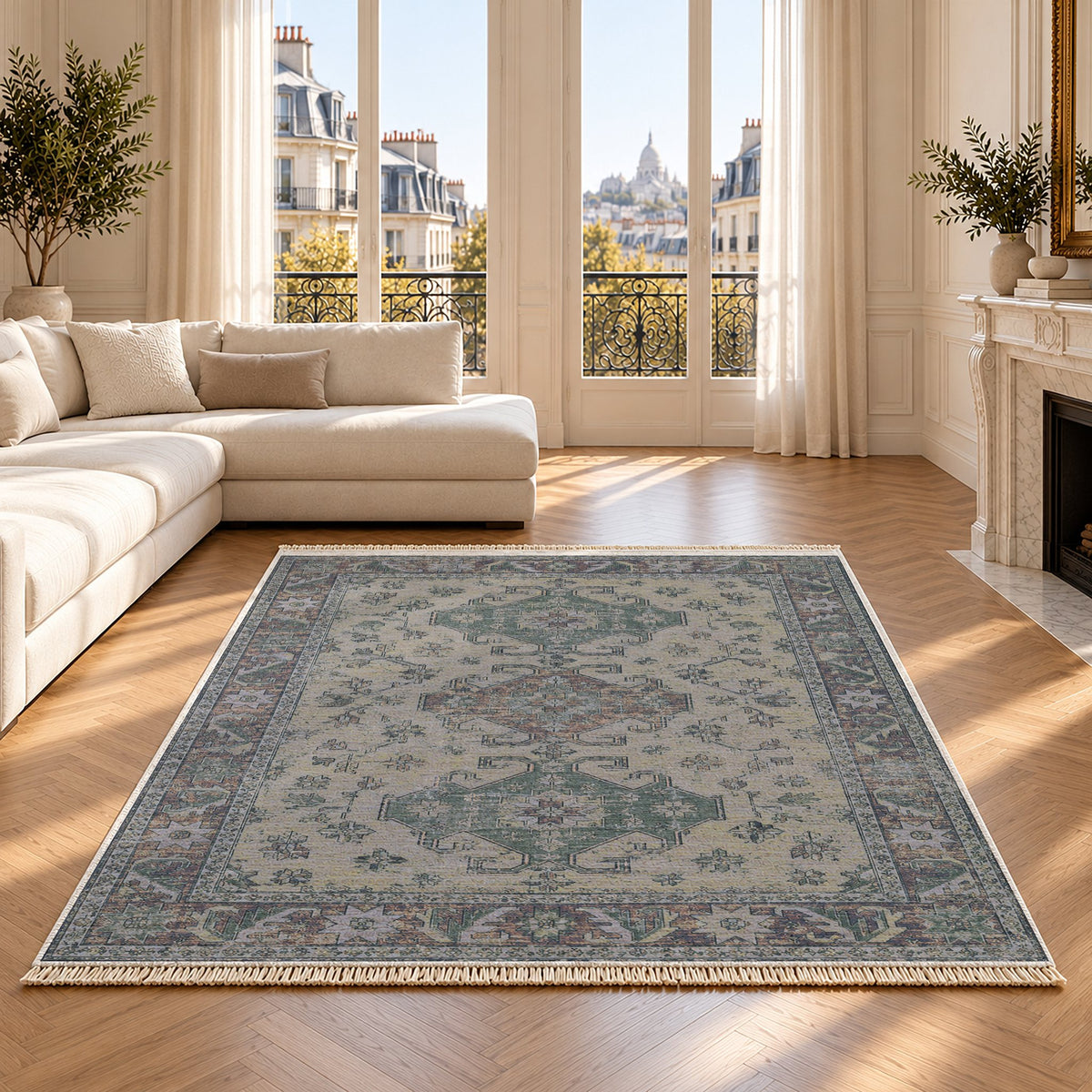 Hooked Shield Mineral Blue washable rug on an oak floor