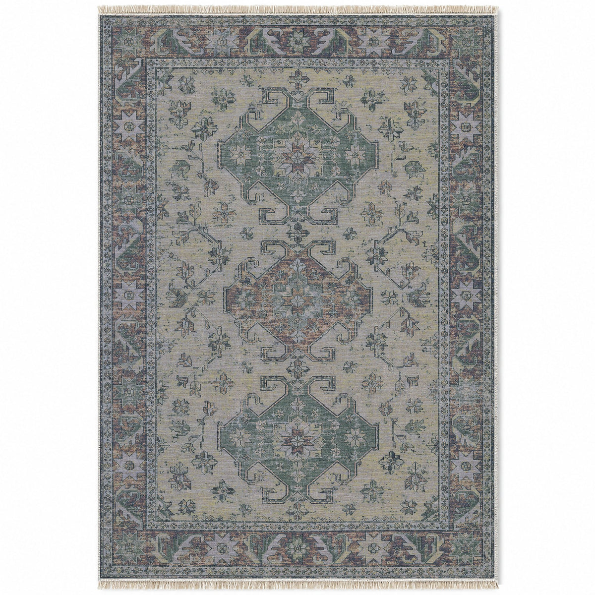 Hooked Shield Mineral Blue washable rug top view
