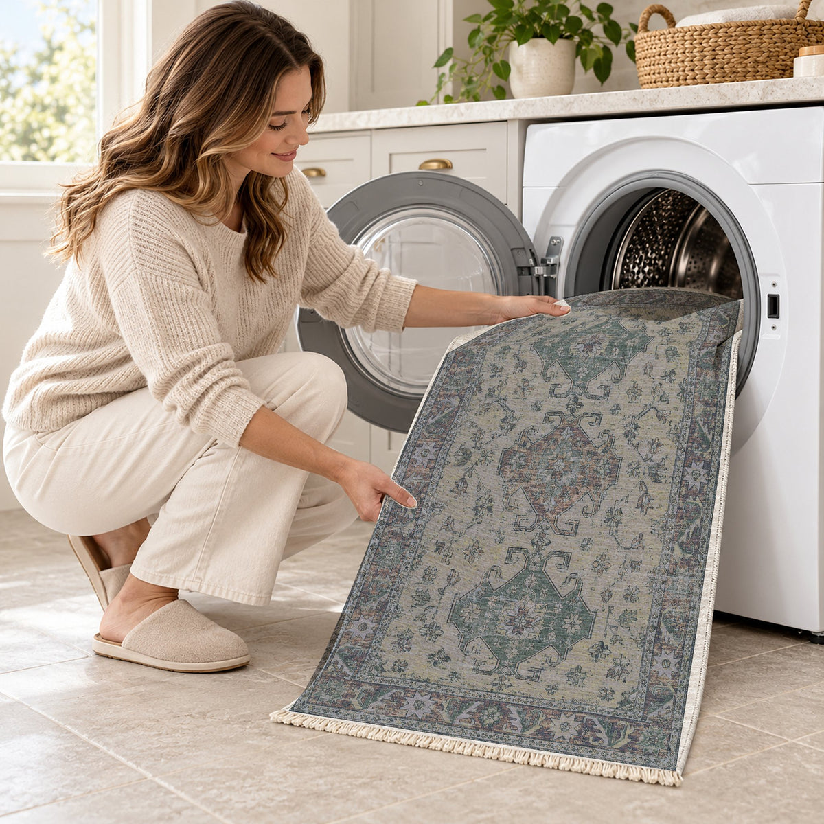 Hooked Shield Mineral Blue washable rug being loaded into a washing machine