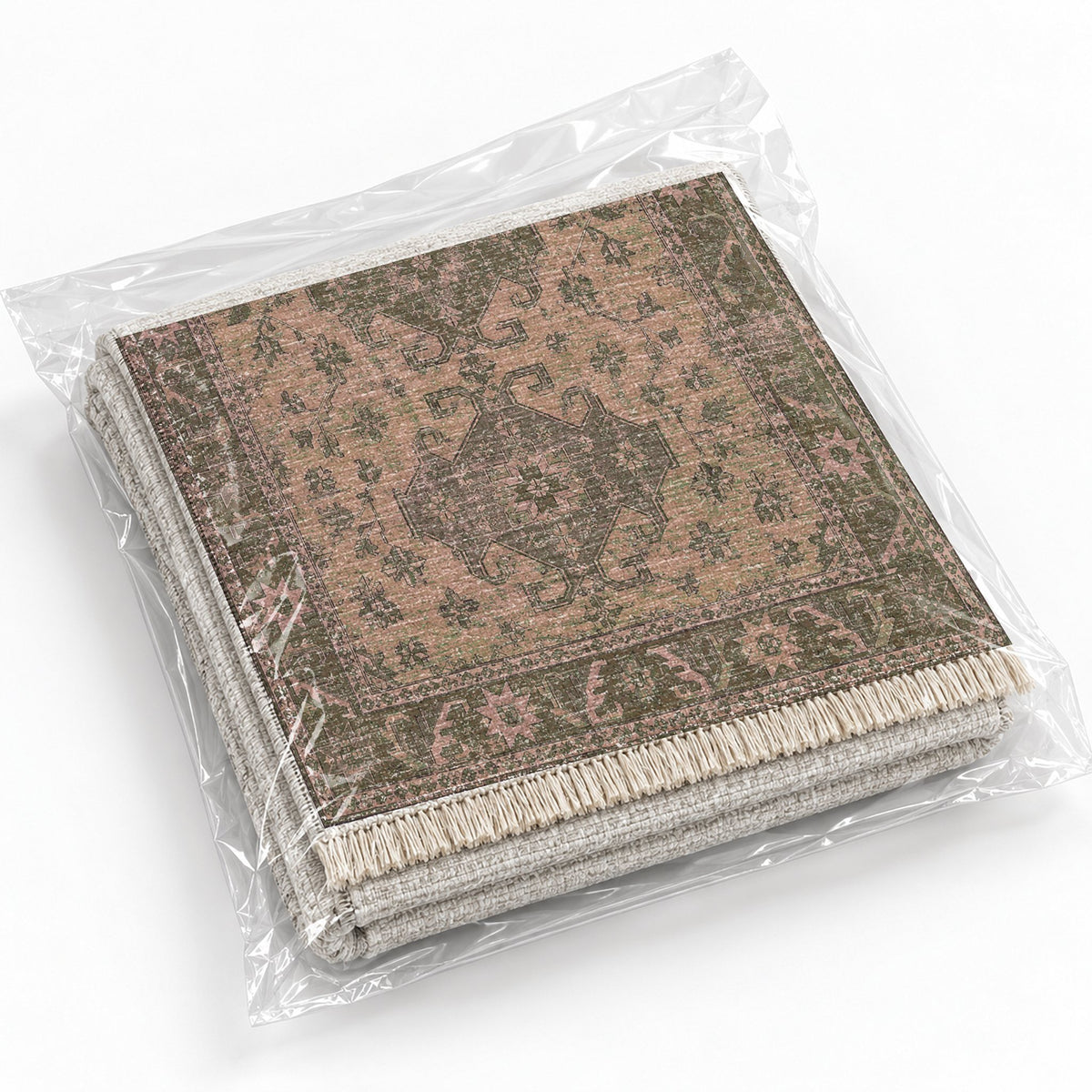 Hooked Shield Rose & Olive washable rug rolled and packaged