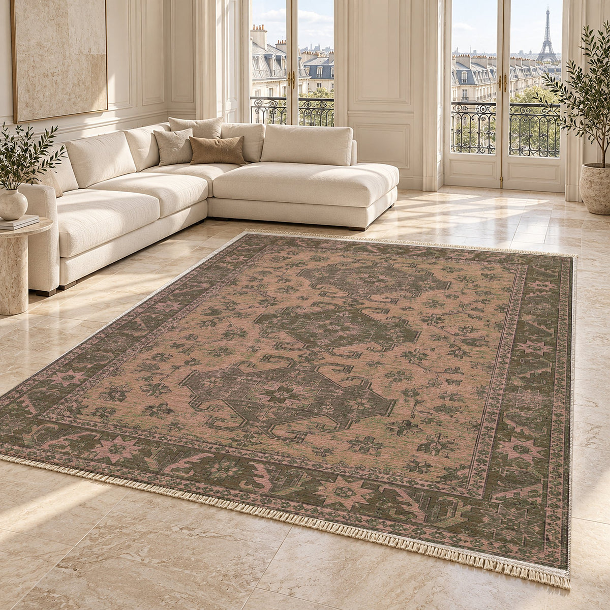 Hooked Shield Rose & Olive washable rug angled room view on marble