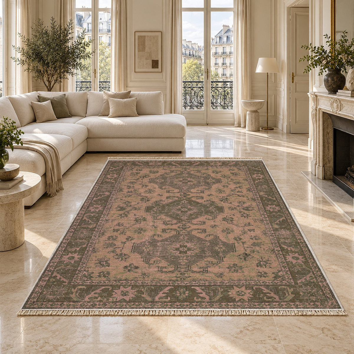 Hooked Shield Rose & Olive washable rug on a marble floor