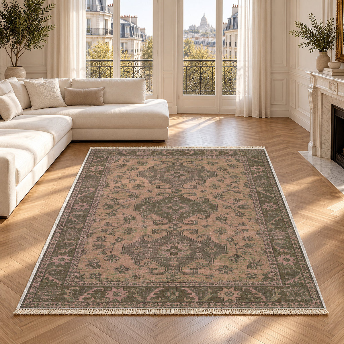 Hooked Shield Rose & Olive washable rug in a Paris living room