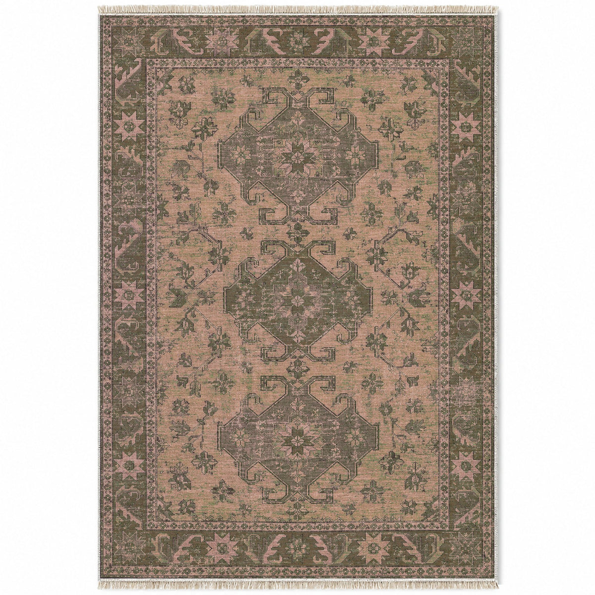 Hooked Shield Rose & Olive washable rug top view