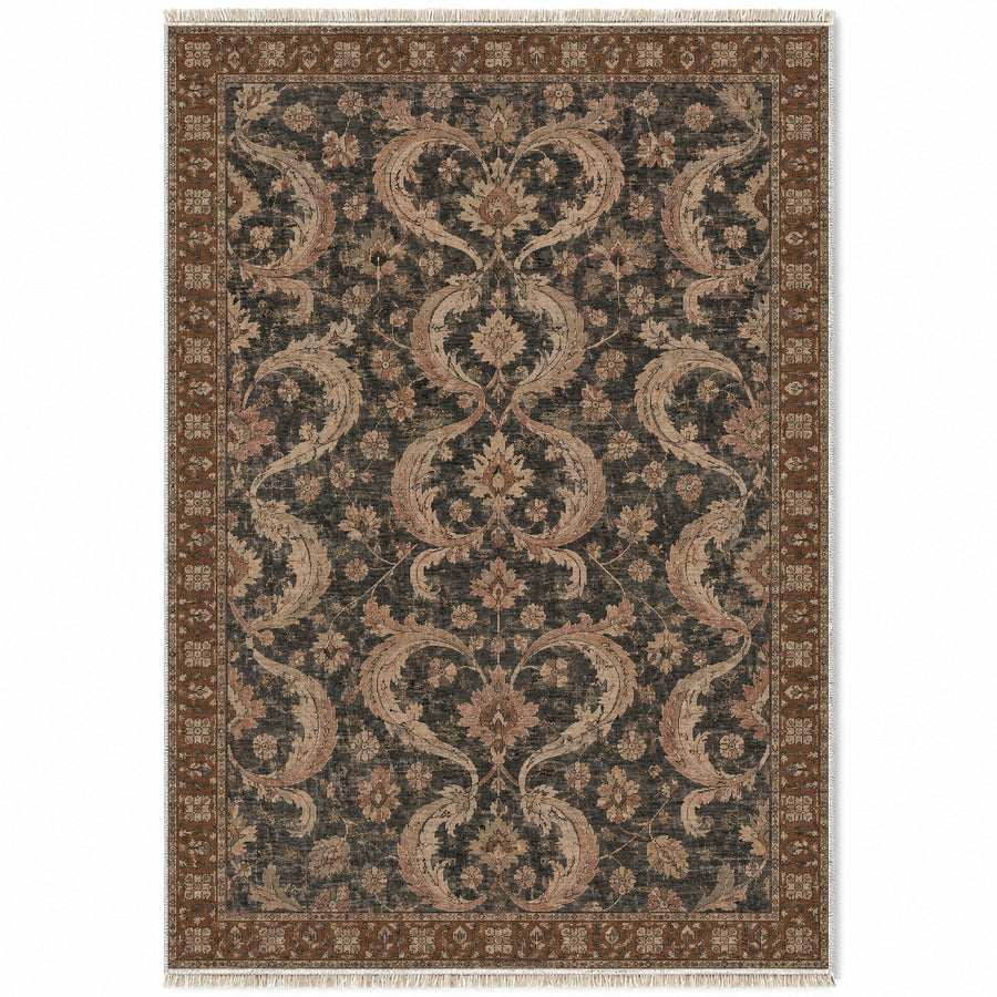 Horn Scroll Brown & Grey Caucasian Washable Rug