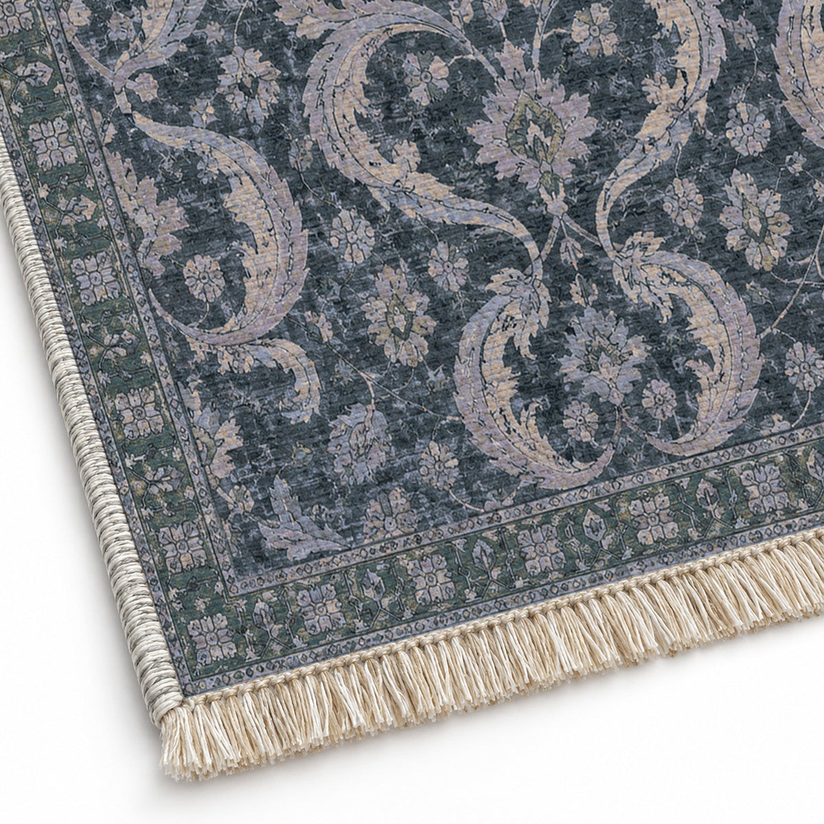 Horn Scroll Mineral Blue washable rug close-up of the printed chenille