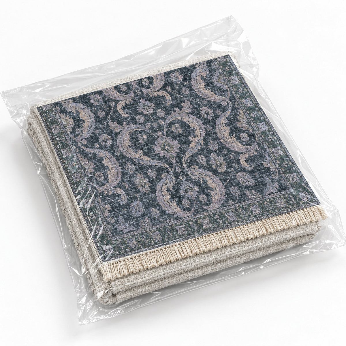 Horn Scroll Mineral Blue washable rug rolled and packaged