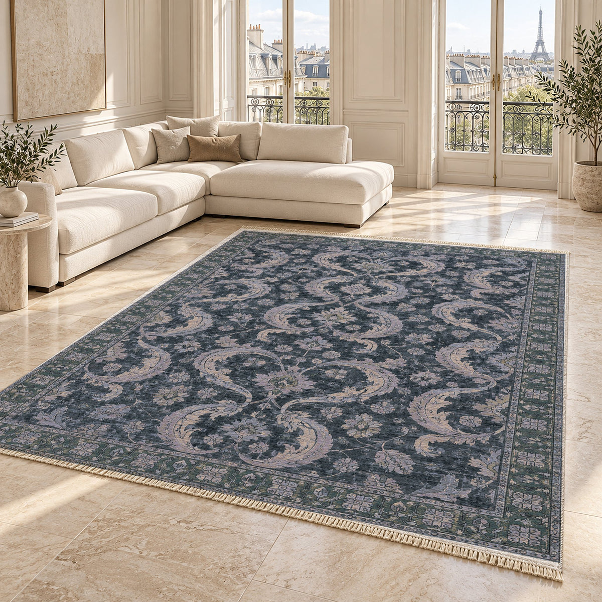 Horn Scroll Mineral Blue washable rug angled room view on marble