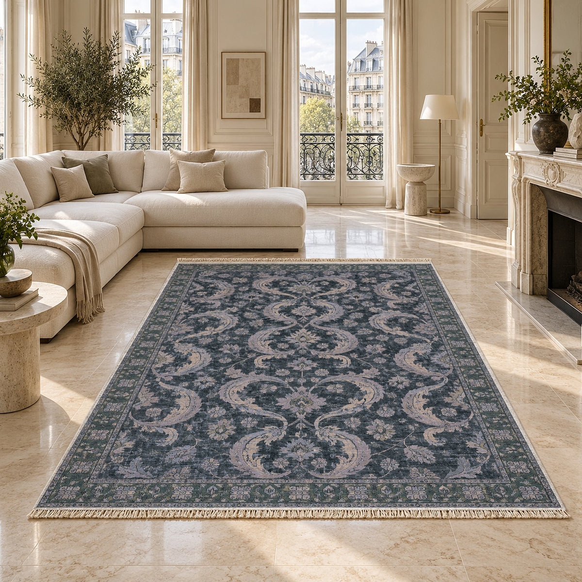 Horn Scroll Mineral Blue washable rug on a marble floor