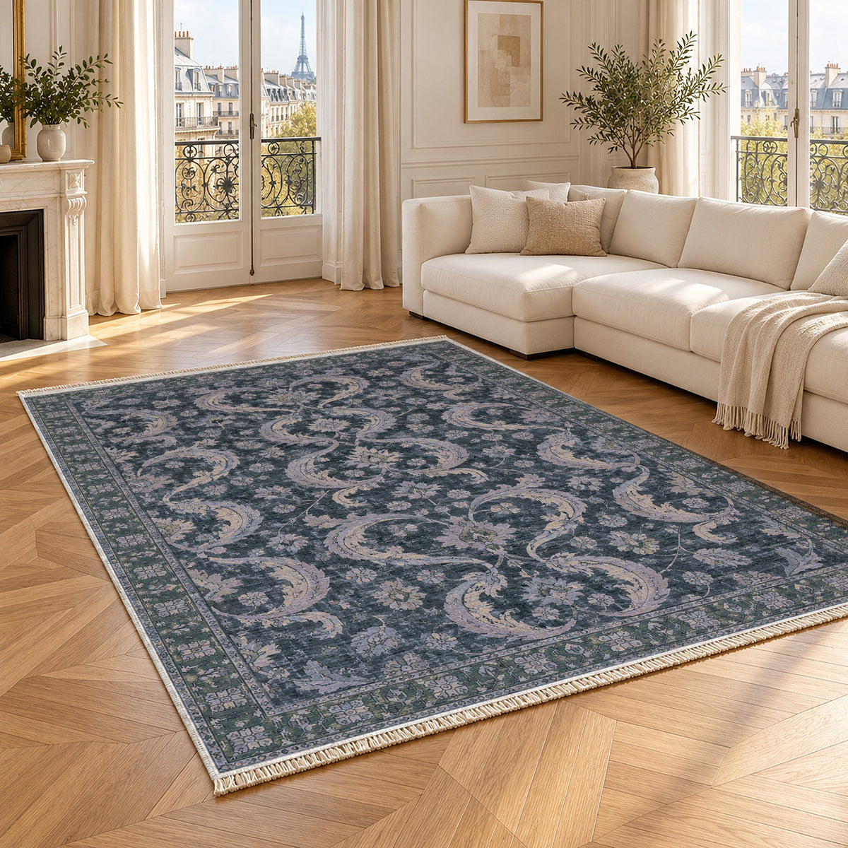 Horn Scroll Mineral Blue washable rug angled room view