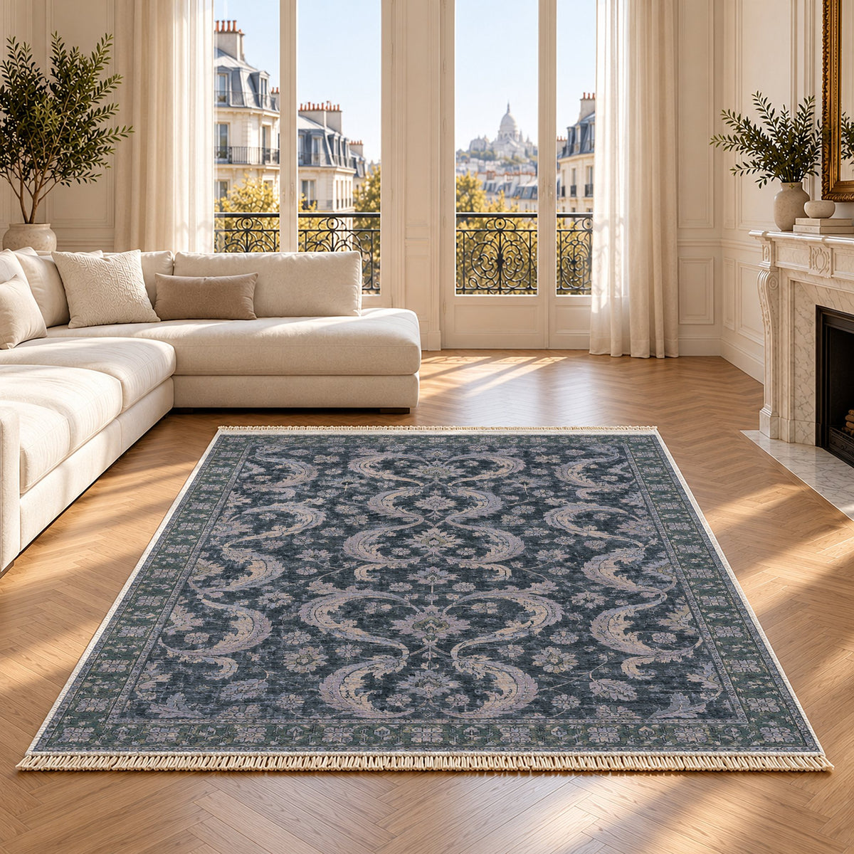 Horn Scroll Mineral Blue washable rug on an oak floor