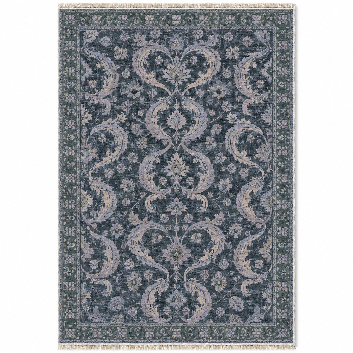 Horn Scroll Mineral Blue washable rug top view