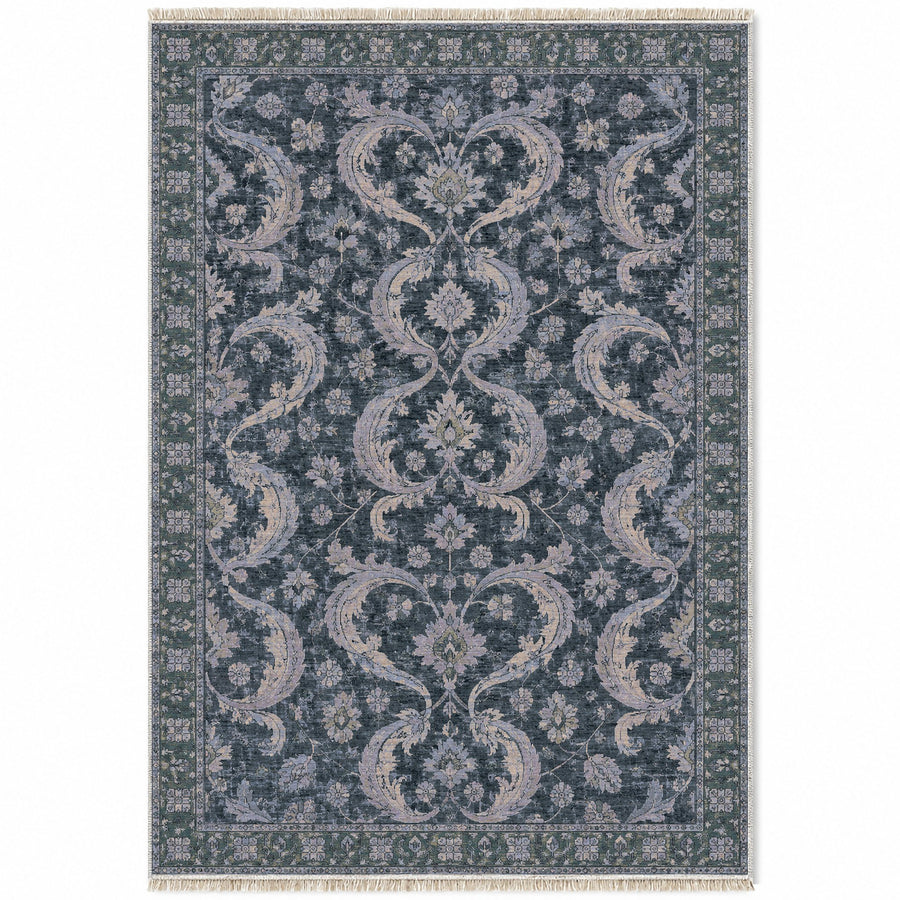 Horn Scroll Mineral Blue Caucasian Washable Rug