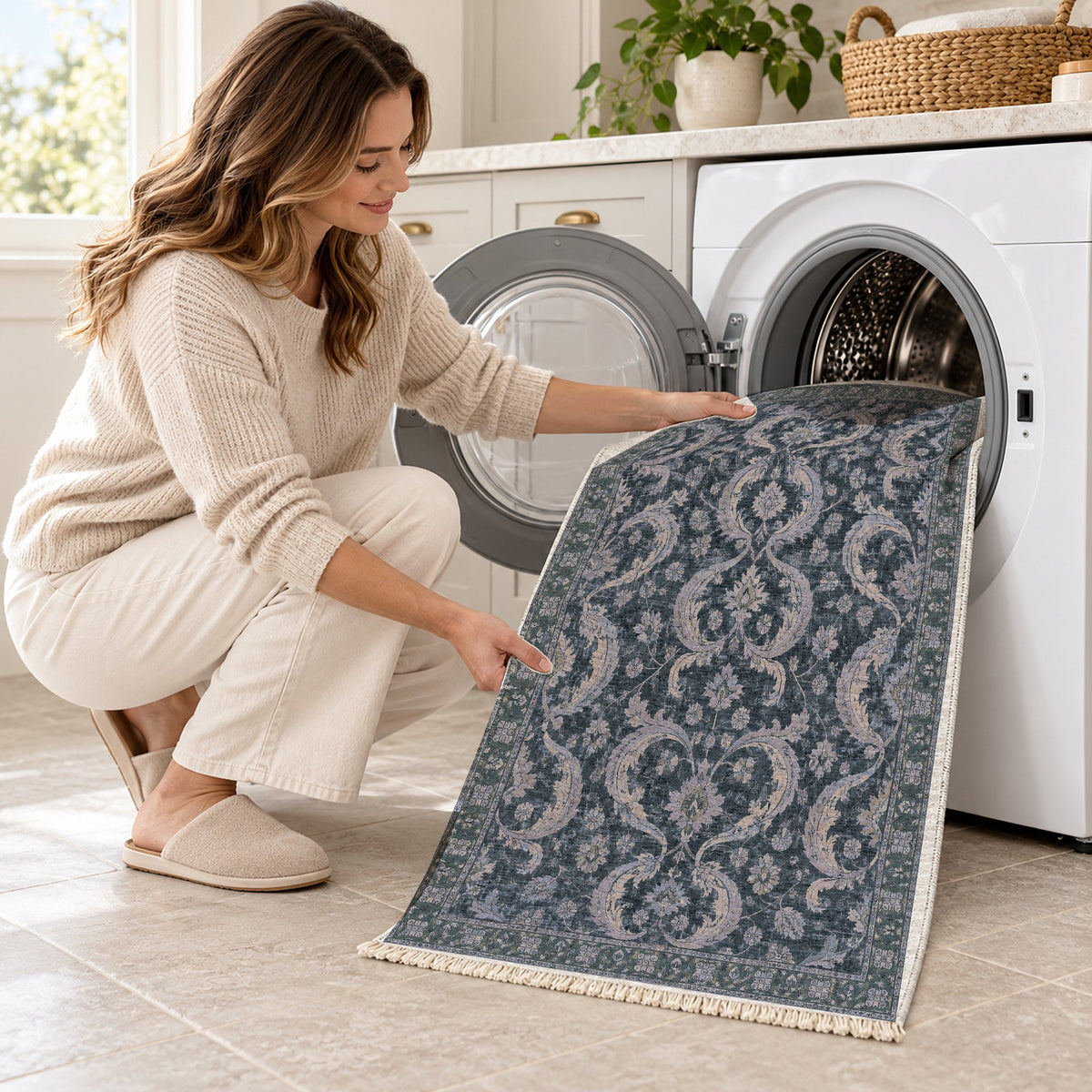 Horn Scroll Mineral Blue washable rug being loaded into a washing machine