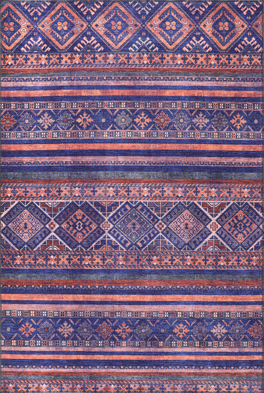 Indigo & Coral Afghan Kilim Stripe Washable Rug | 1322M