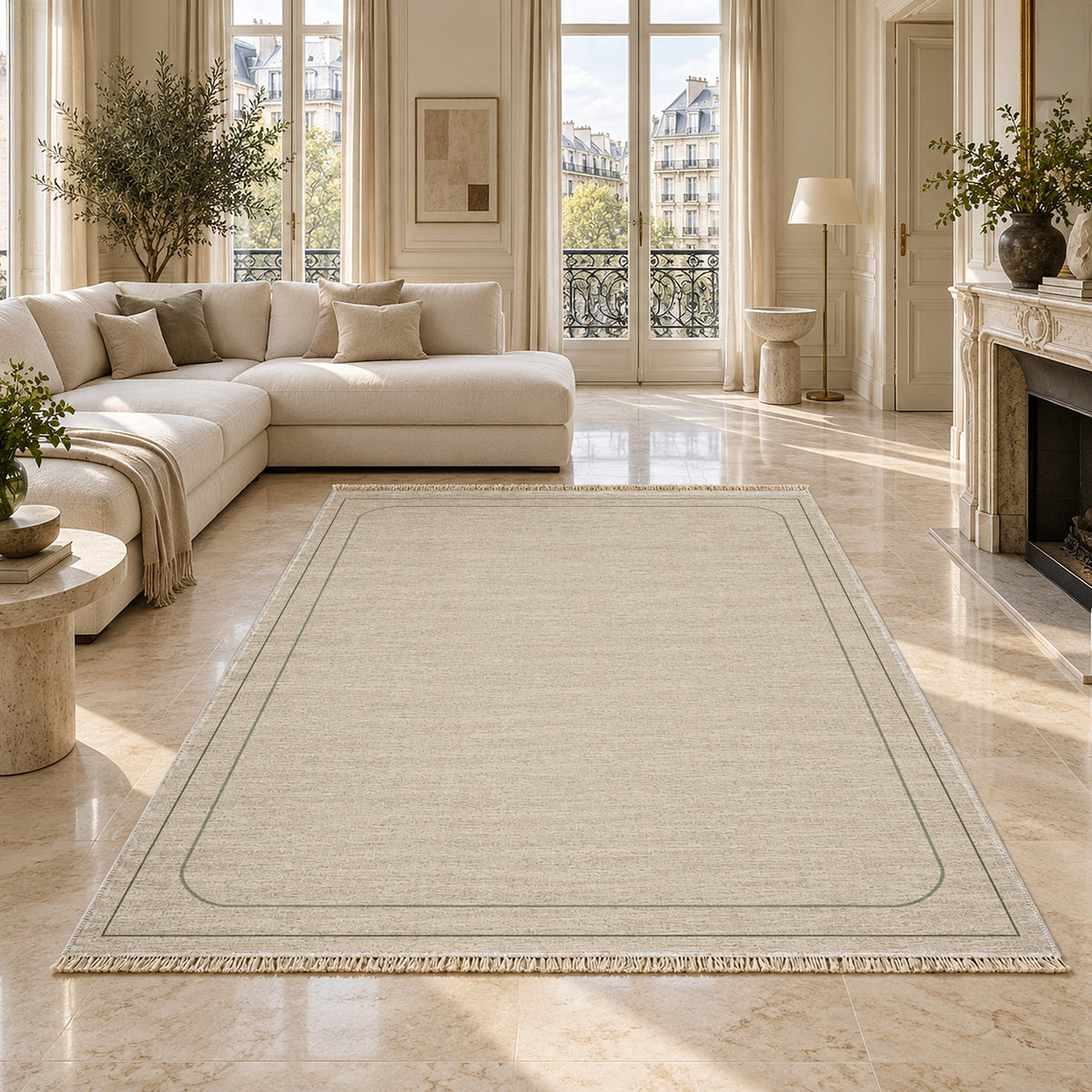 Inset Arch Frame Ivory & Olive washable rug on a marble floor