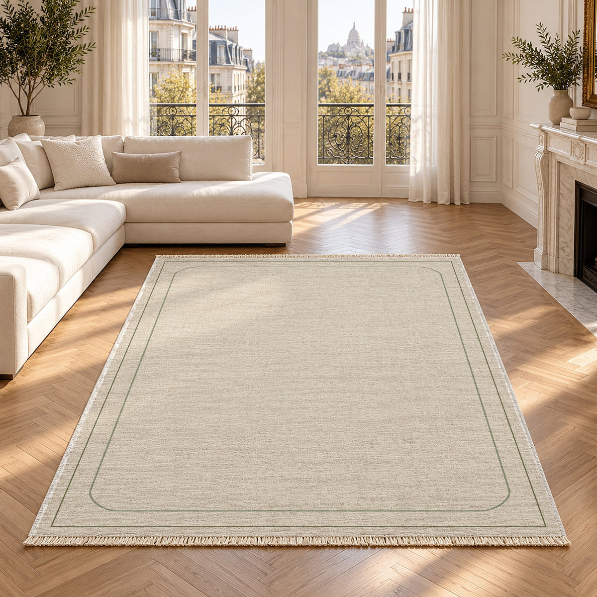 Inset Arch Frame Ivory & Olive washable rug in a Paris living room