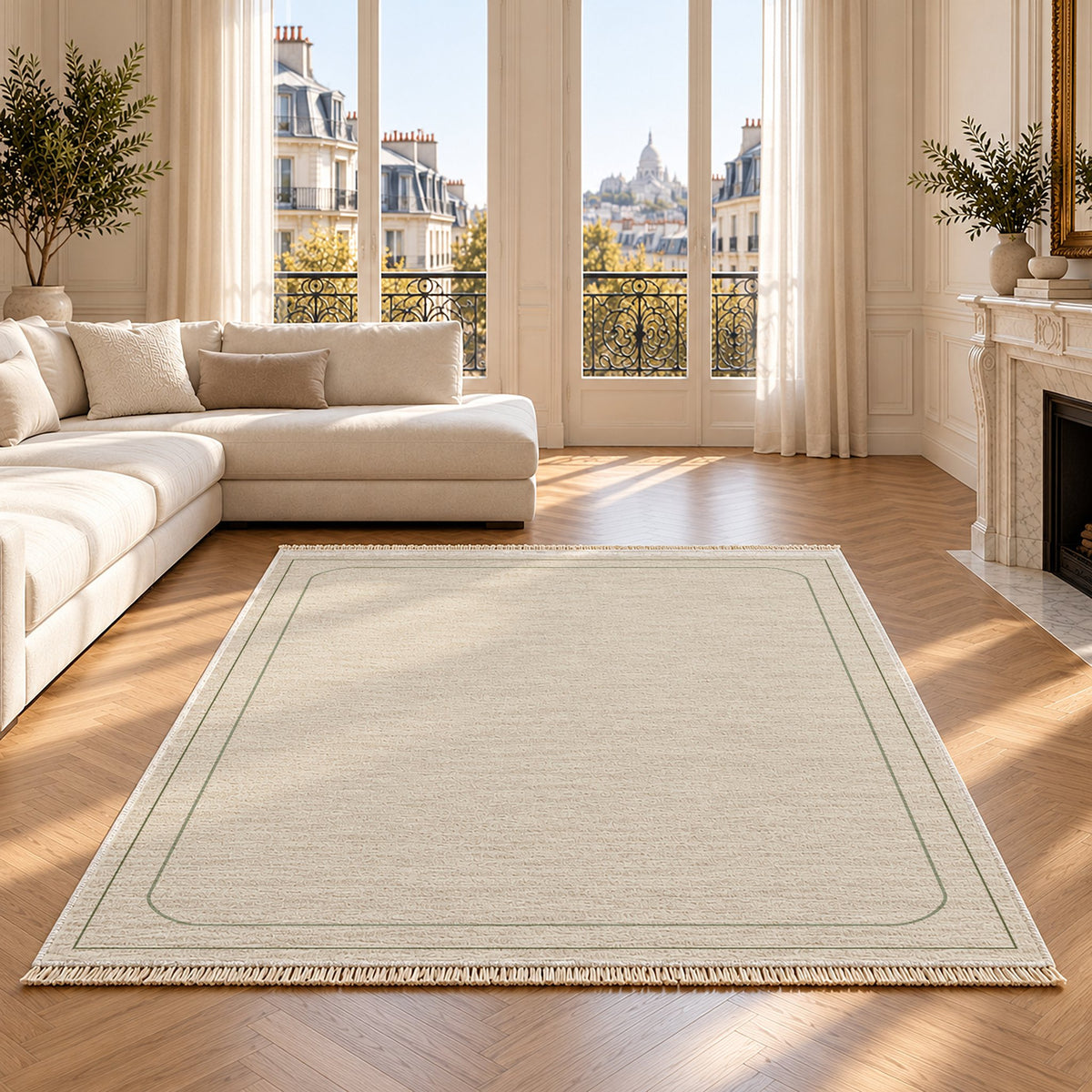 Inset Arch Frame Ivory & Olive washable rug on an oak floor