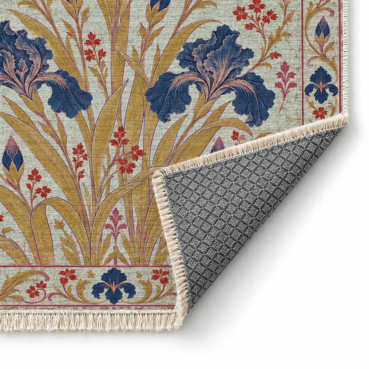 Iris Fan Glacier, Ink & Vermilion washable rug folded corner showing the backing