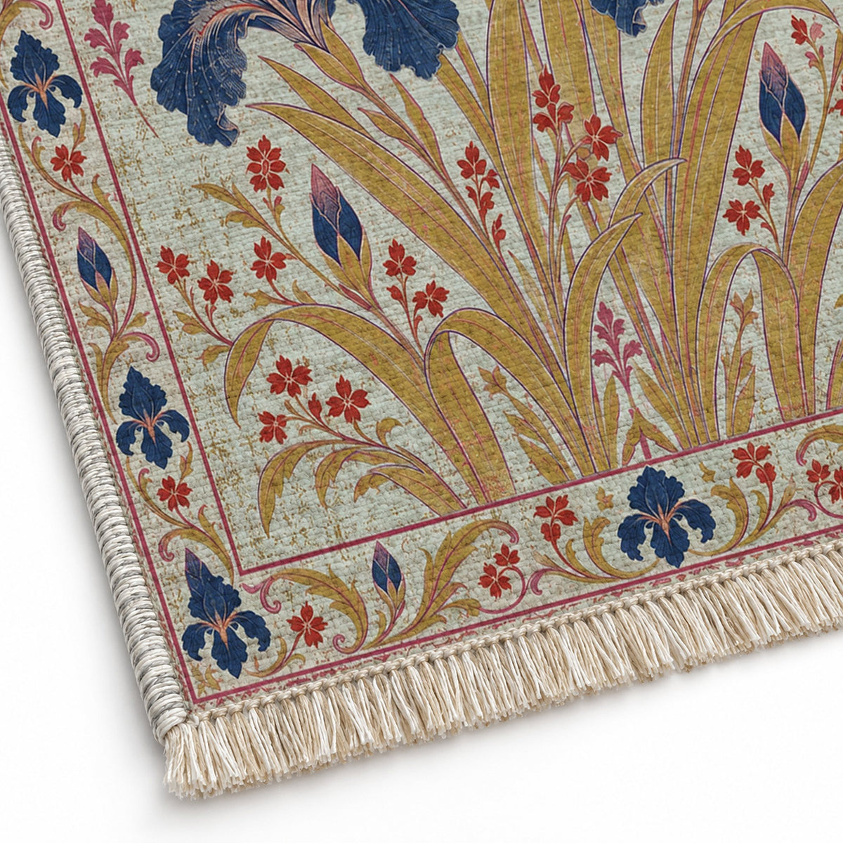 Iris Fan Glacier, Ink & Vermilion washable rug close-up of the printed chenille