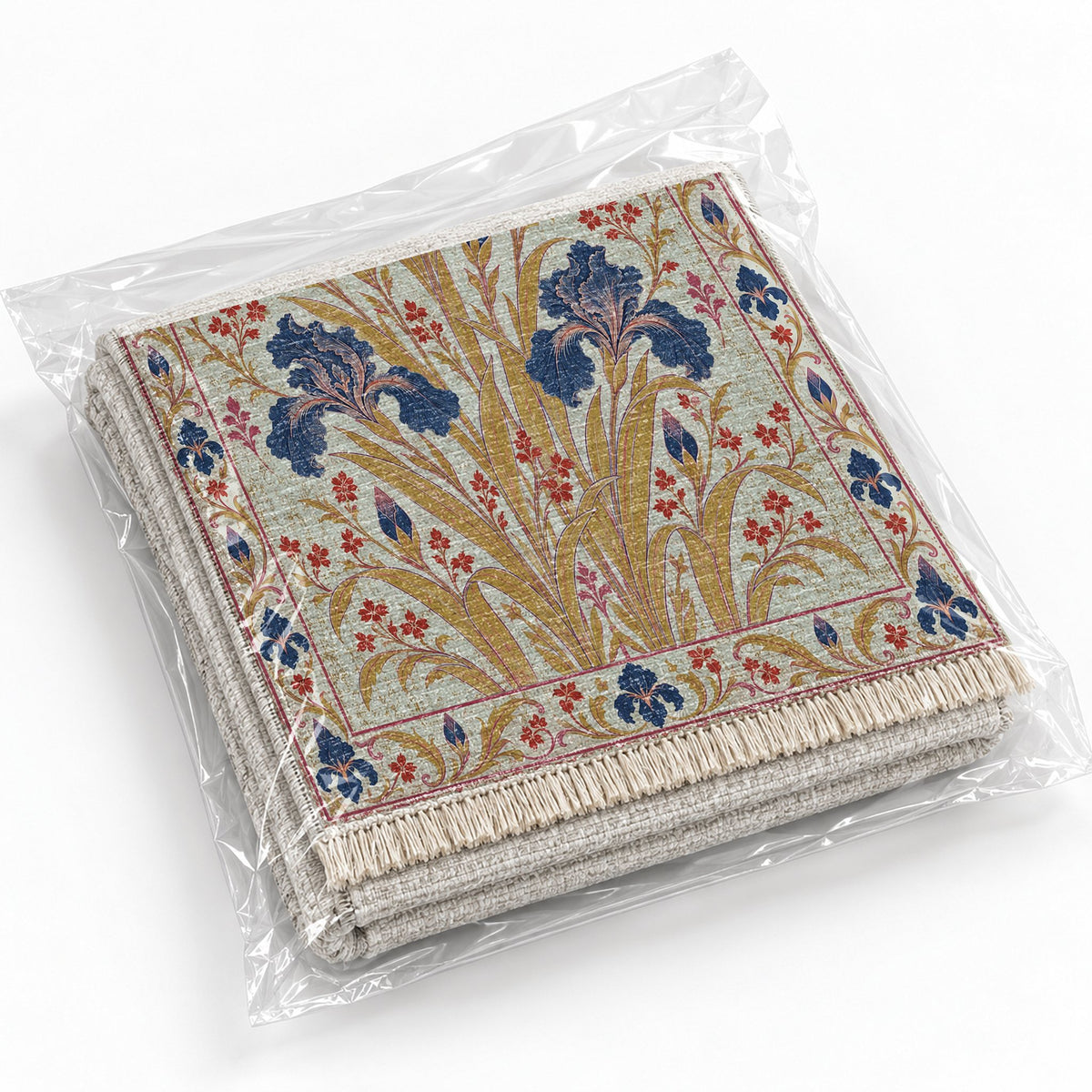 Iris Fan Glacier, Ink & Vermilion washable rug rolled and packaged