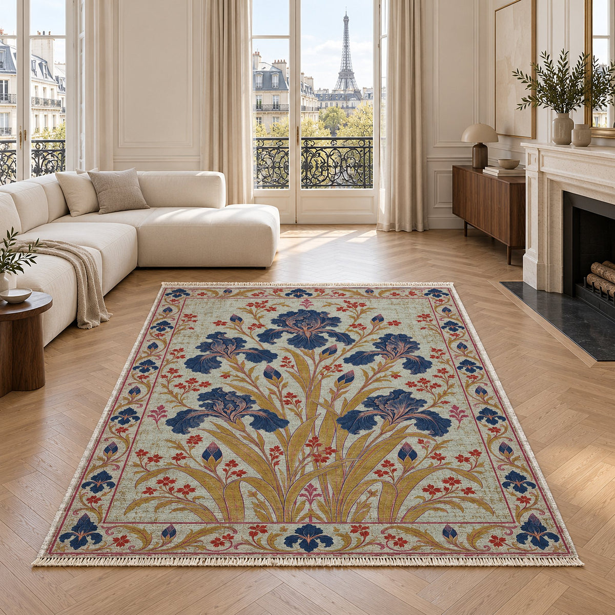 Iris Fan Glacier, Ink & Vermilion washable rug in a living room with an Eiffel Tower view