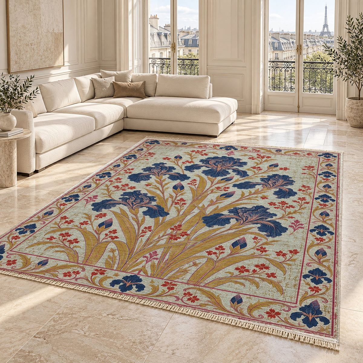 Iris Fan Glacier, Ink & Vermilion washable rug angled room view on marble