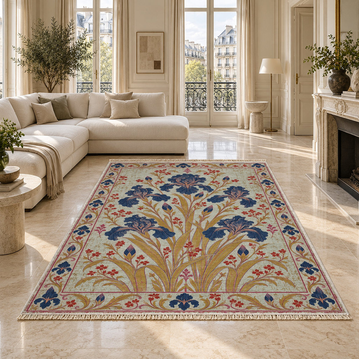 Iris Fan Glacier, Ink & Vermilion washable rug on a marble floor