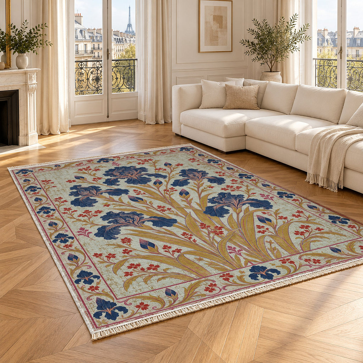 Iris Fan Glacier, Ink & Vermilion washable rug angled room view