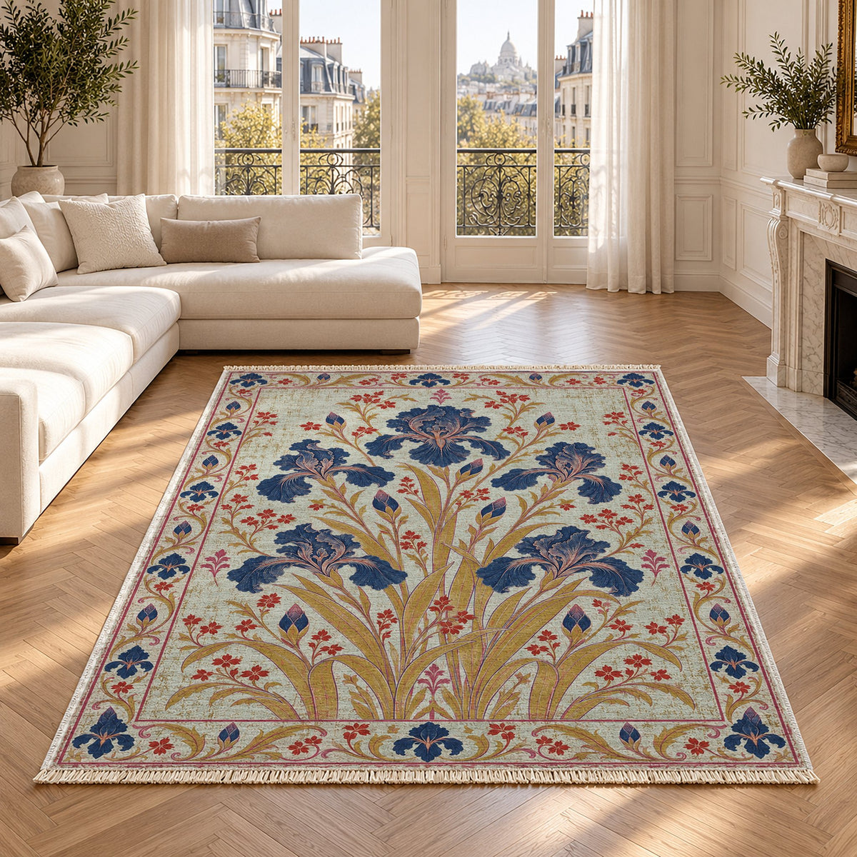 Iris Fan Glacier, Ink & Vermilion washable rug in a Paris living room