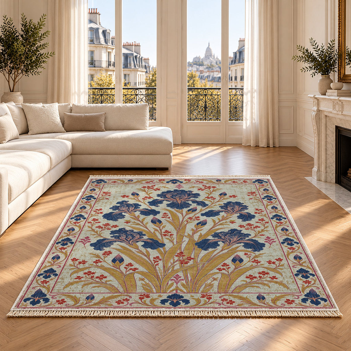 Iris Fan Glacier, Ink & Vermilion washable rug on an oak floor