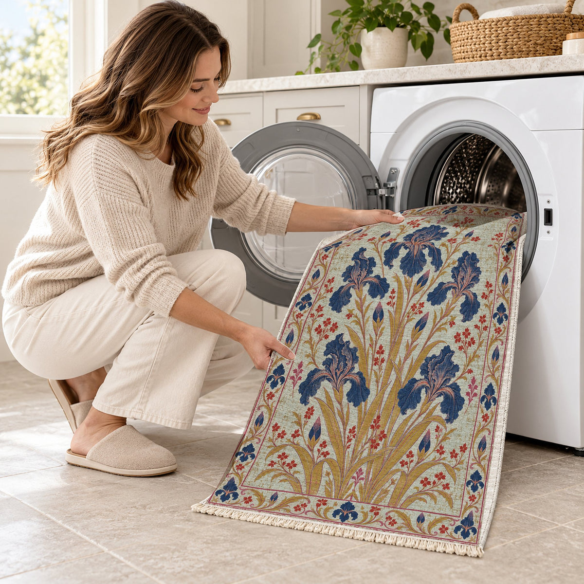 Iris Fan Glacier, Ink & Vermilion washable rug being loaded into a washing machine