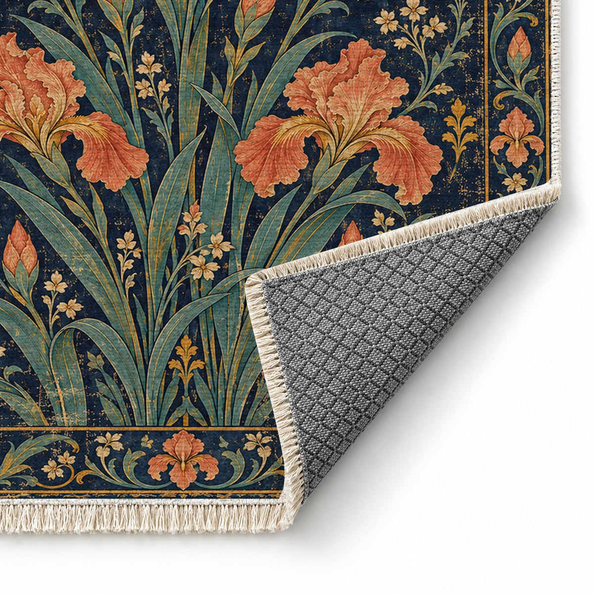 Iris Fan Midnight & Melon washable rug folded corner showing the backing
