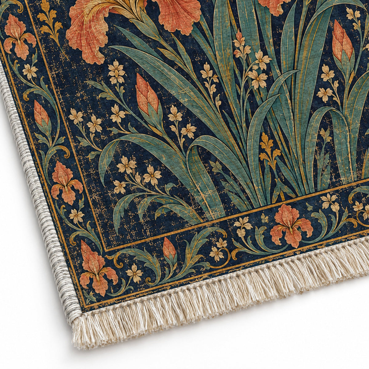 Iris Fan Midnight & Melon washable rug close-up of the printed chenille