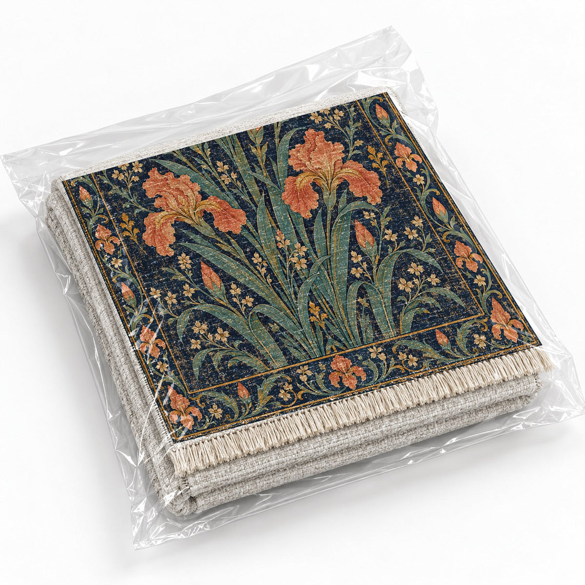 Iris Fan Midnight & Melon washable rug rolled and packaged