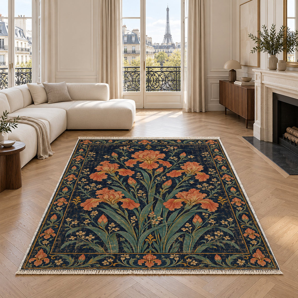Iris Fan Midnight & Melon washable rug in a living room with an Eiffel Tower view